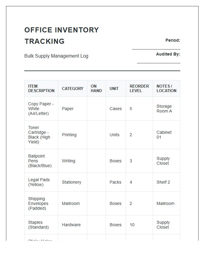 Bulk Office Supply Inventory Tracking Printable Chart