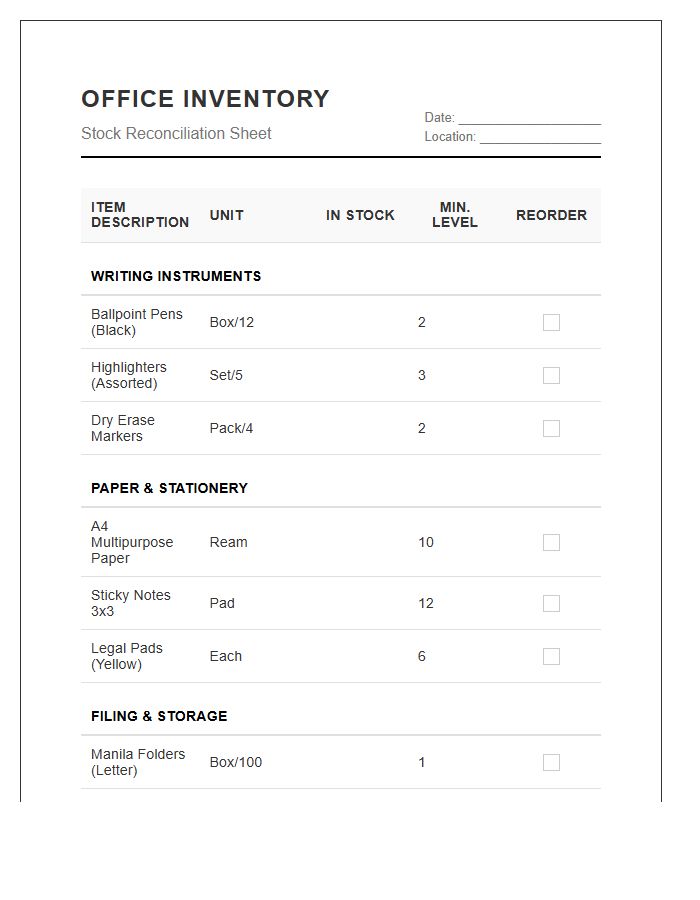 Categorized Office Supply Inventory Printable Chart