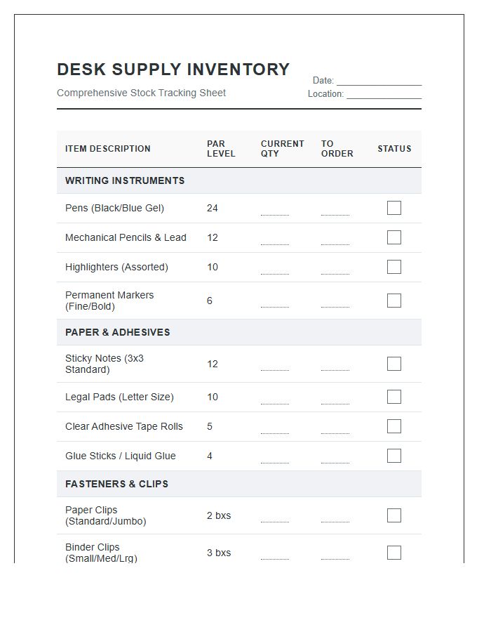 Comprehensive Desk Supply Inventory Printable Chart