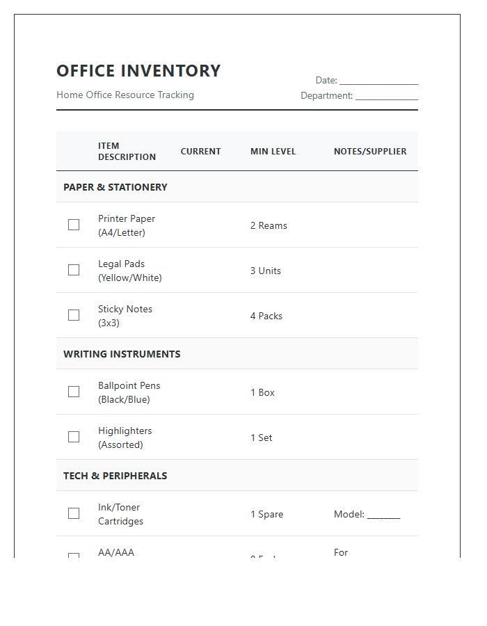 Corporate Home Office Supply Inventory Printable Chart