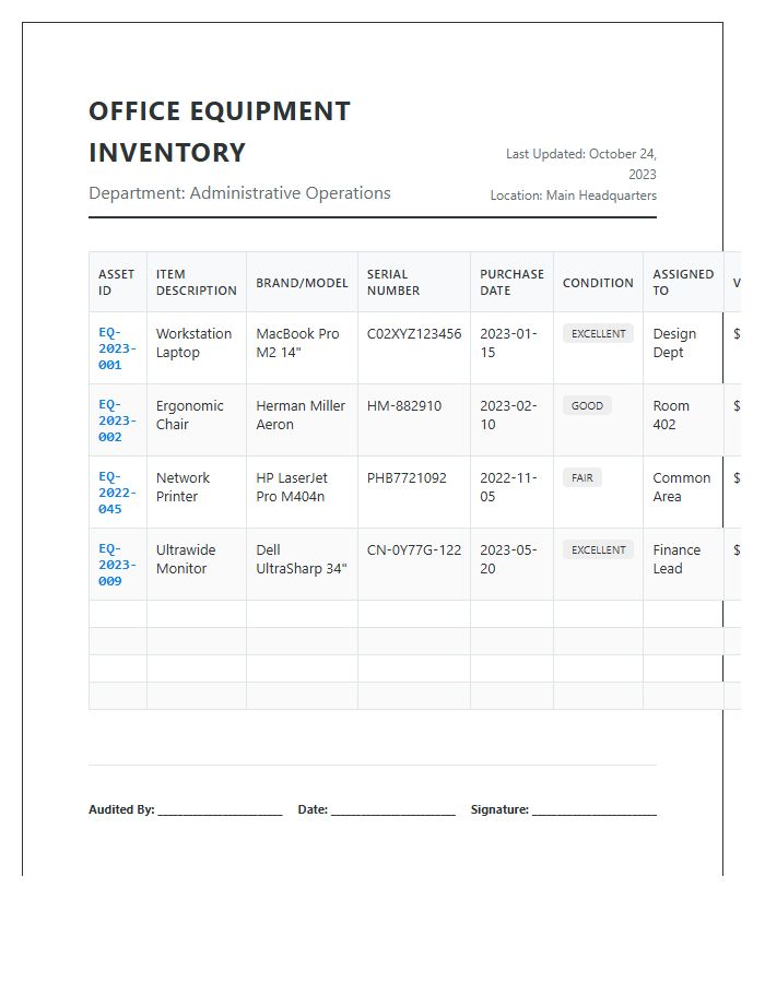 Detailed Office Equipment Inventory Printable Chart