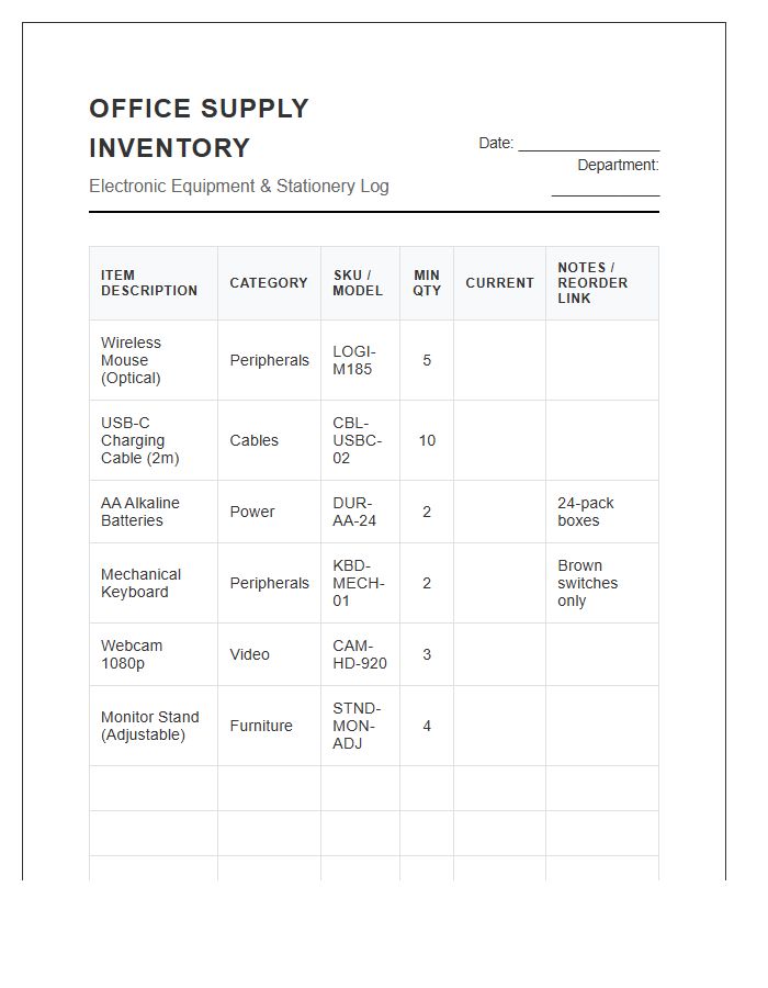 Electronic Office Supply Inventory Printable Chart