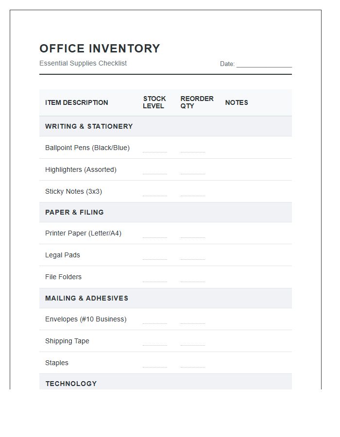 Essential Home Office Supply Inventory Printable Chart