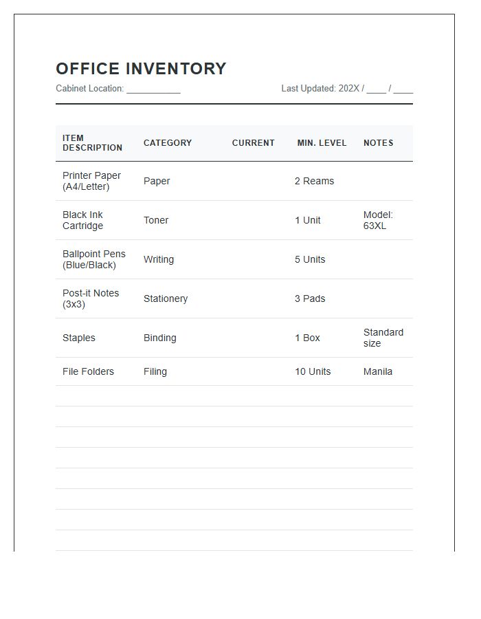 Home Office Cabinet Supply Inventory Printable Chart