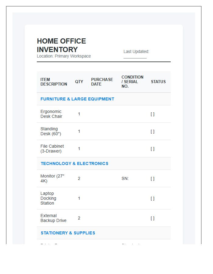 Home Office Furniture And Supply Inventory Printable Chart