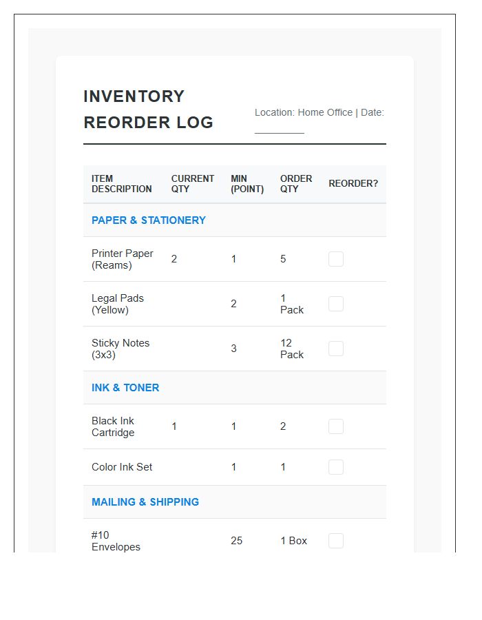 Home Office Reorder Point Inventory Printable Chart