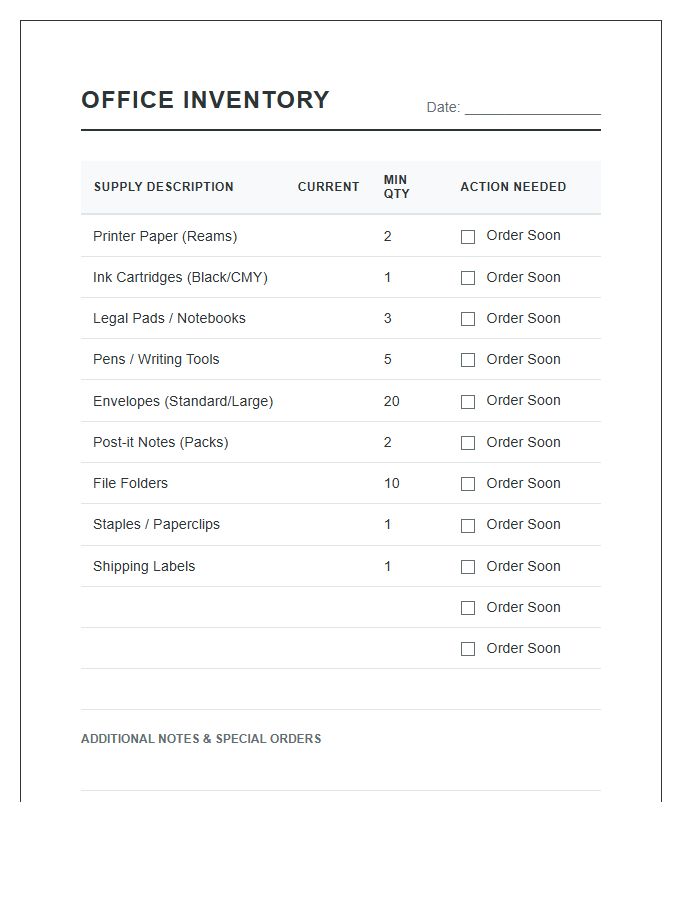 Home Office Supply Inventory Tracking Printable Chart