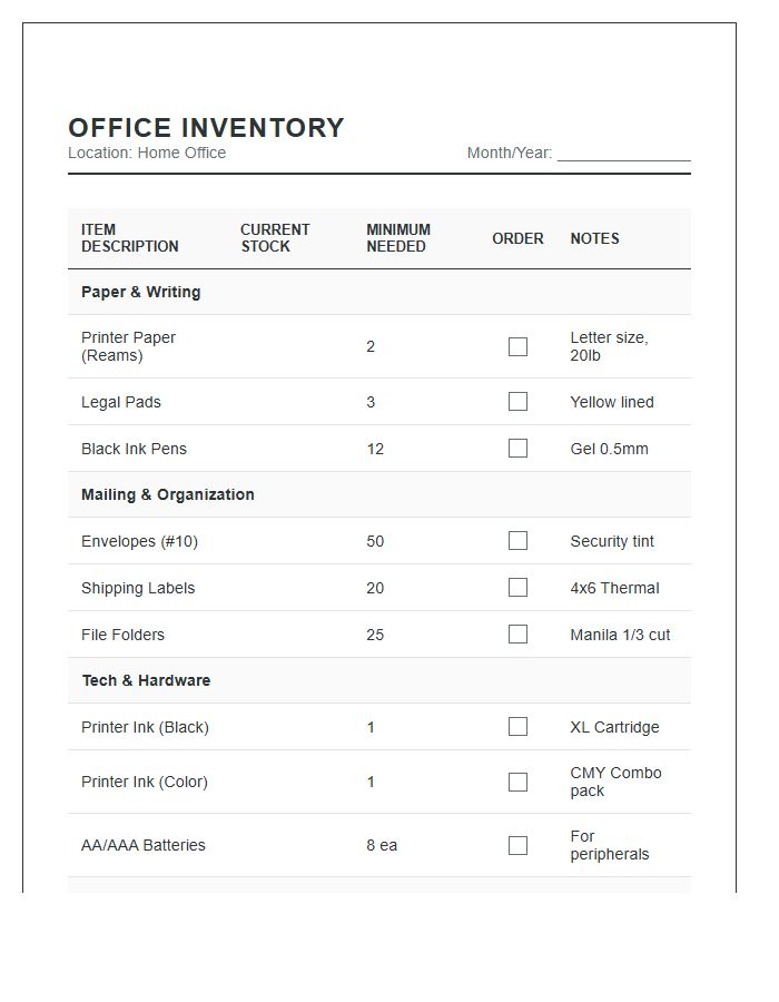 Monthly Home Office Supply Inventory Printable Chart