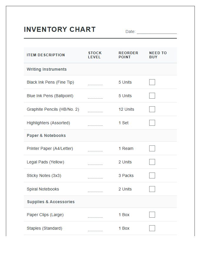Paper And Writing Supply Inventory Printable Chart