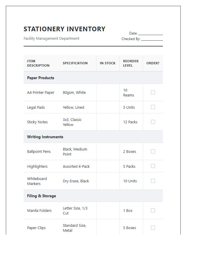 Professional Office Stationery Inventory Printable Chart