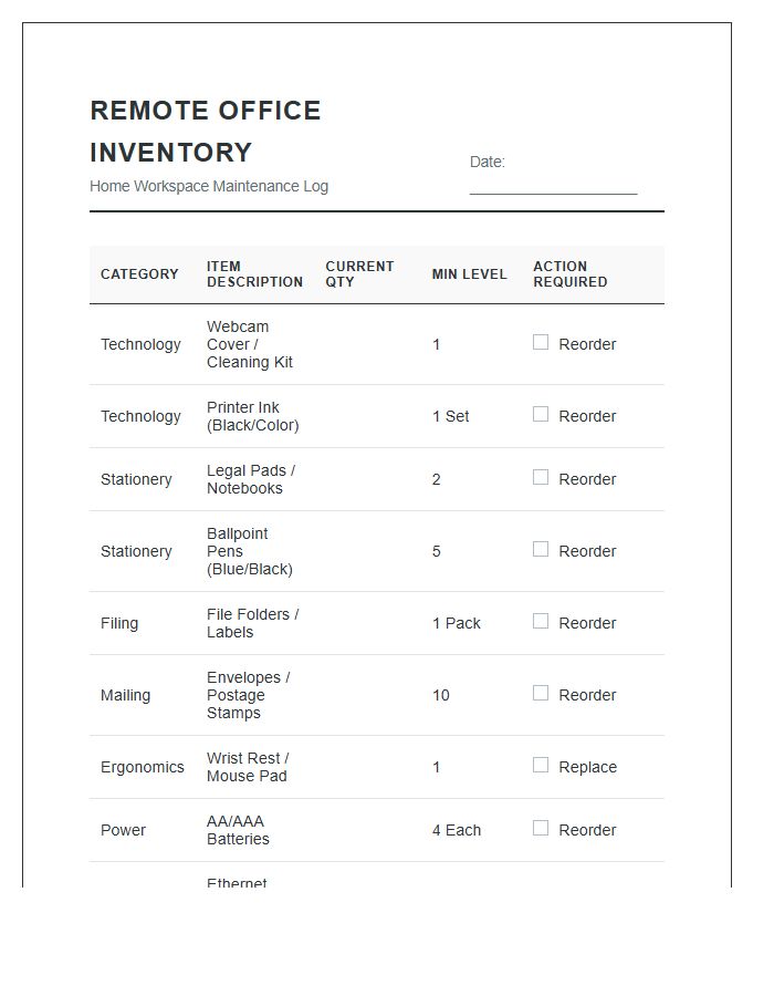 Remote Work Office Supply Inventory Printable Chart