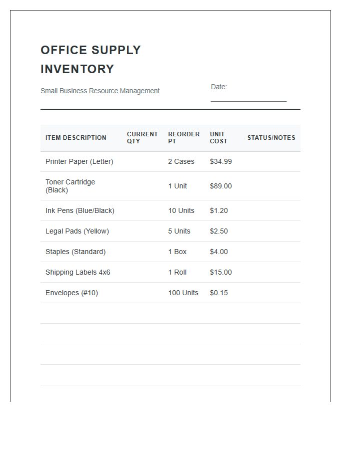 Small Business Office Supply Inventory Printable Chart