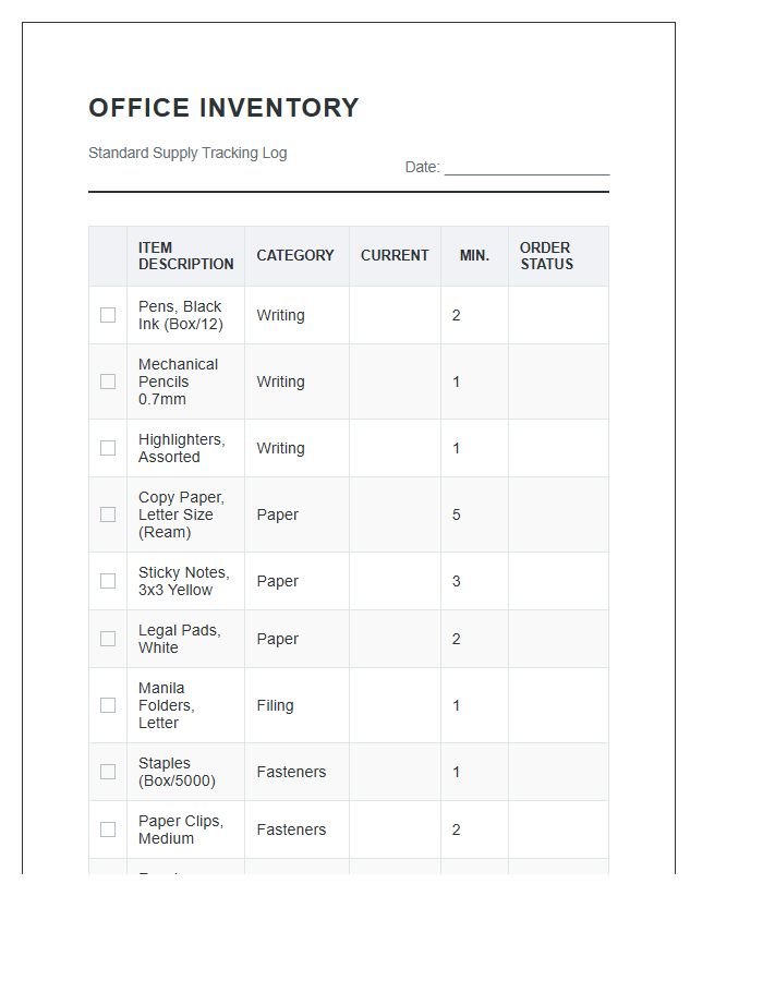 Standard Office Supply Inventory Printable Chart
