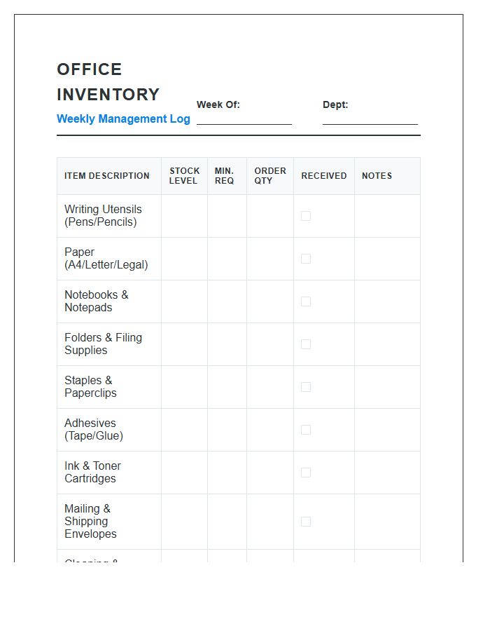 Weekly Office Supply Management Inventory Printable Chart