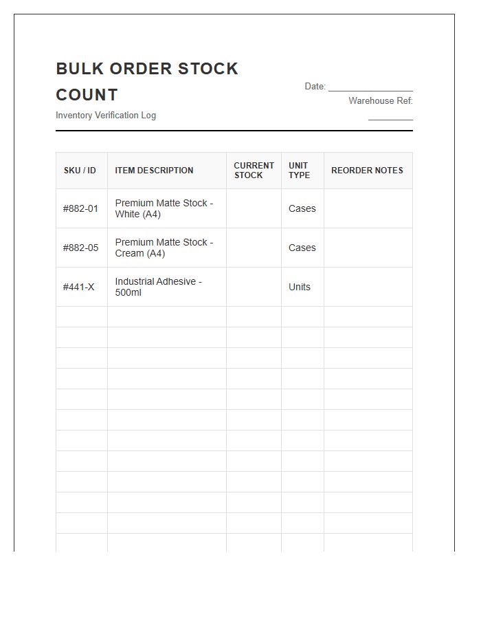 Bulk Order Stock Count Printable Chart
