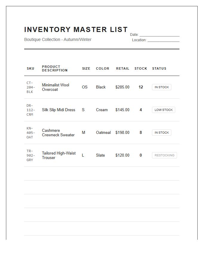 Clothing Boutique Inventory List Printable Chart