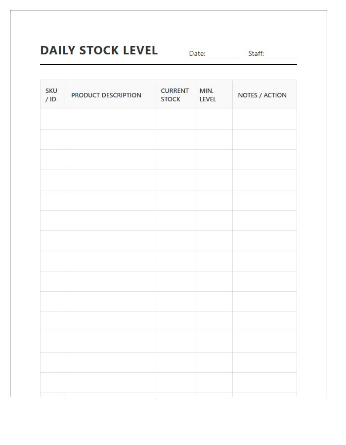 Daily Retail Stock Level Printable Chart