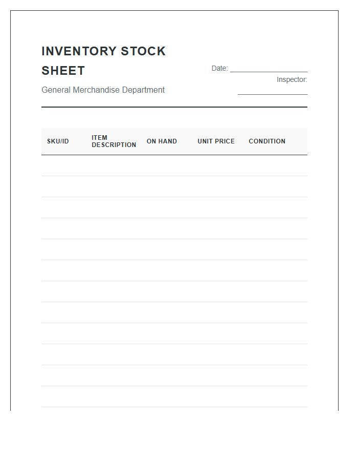 General Merchandise Inventory Printable Chart