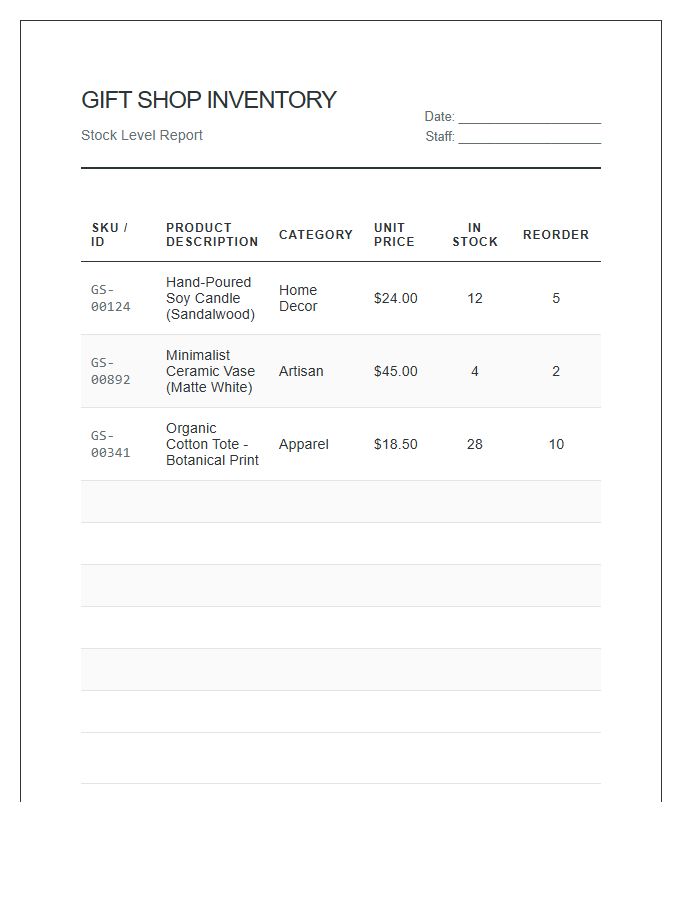 Gift Shop Stock Inventory Printable Chart
