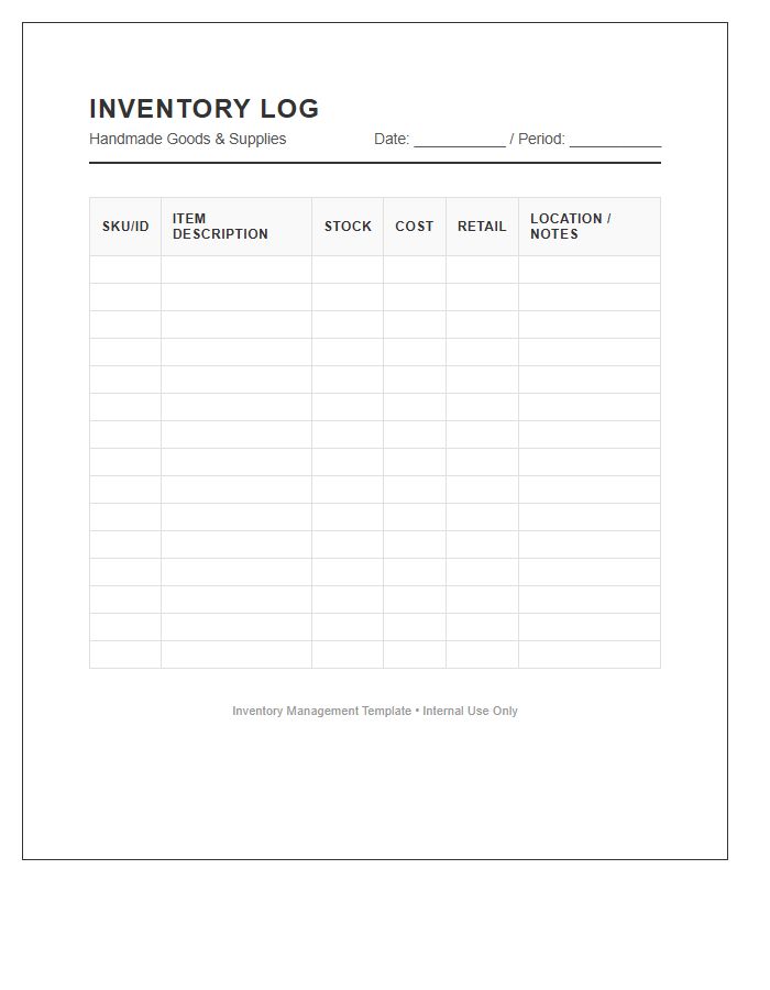 Handmade Goods Inventory Tracking Printable Chart