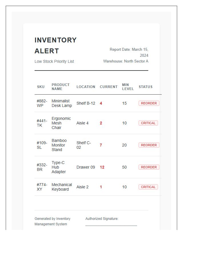 Low Stock Warning Inventory Printable Chart