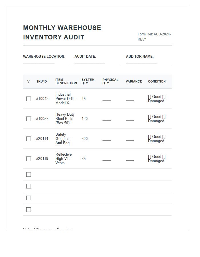 Monthly Warehouse Inventory Audit Printable Chart