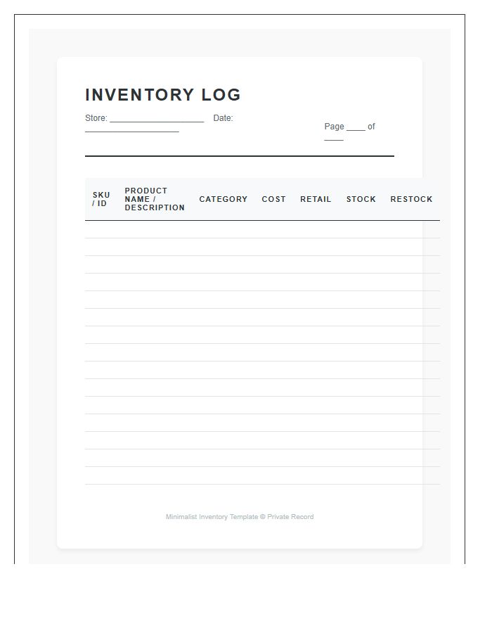 Online Store Inventory Tracking Printable Chart