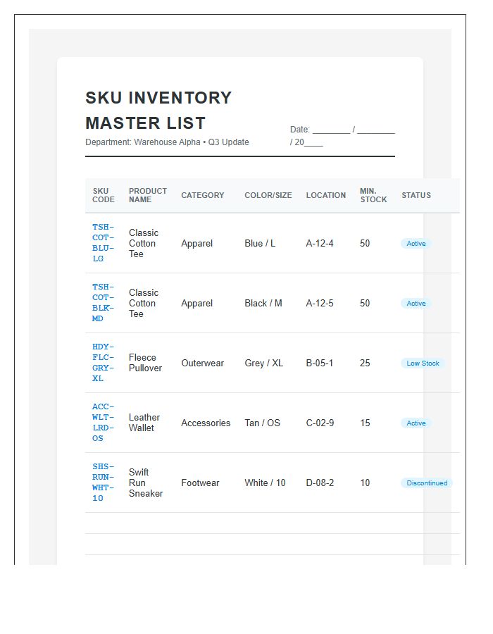 Product SKU Management Printable Chart