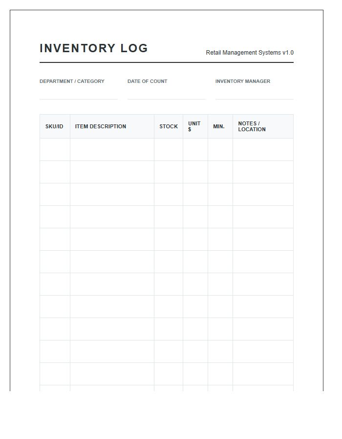 Retail Inventory Tracking Printable Chart
