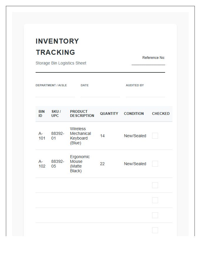 Retail Storage Bin Inventory Printable Chart