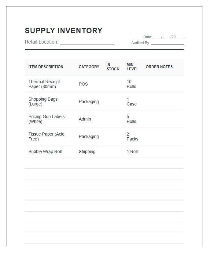 Retail Supply Closet Inventory Printable Chart