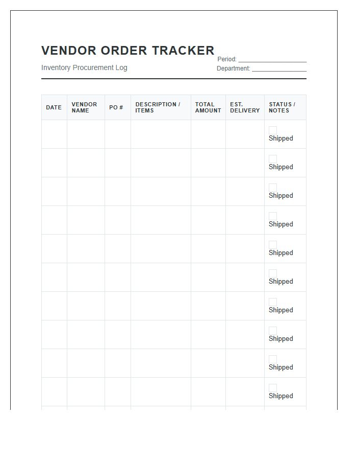 Retail Vendor Order Tracking Printable Chart