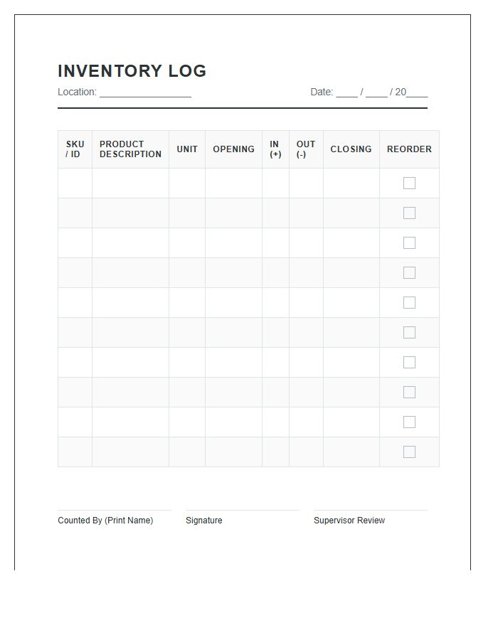 Small Business Stock Management Printable Chart