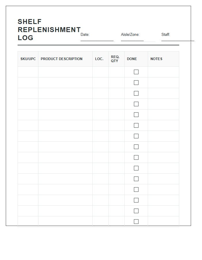 Store Shelf Replenishment Printable Chart