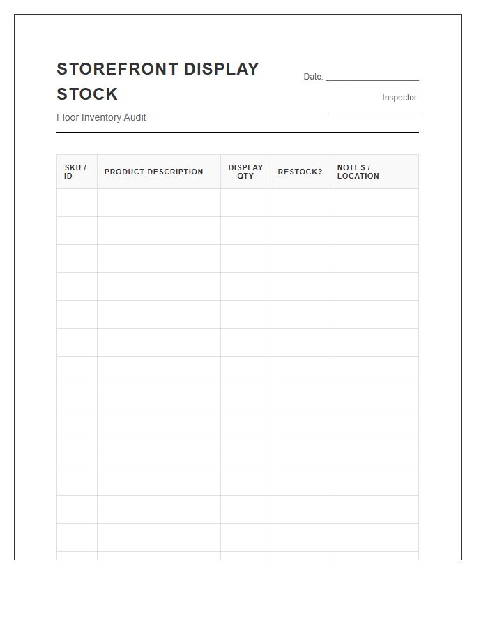 Storefront Display Stock Printable Chart