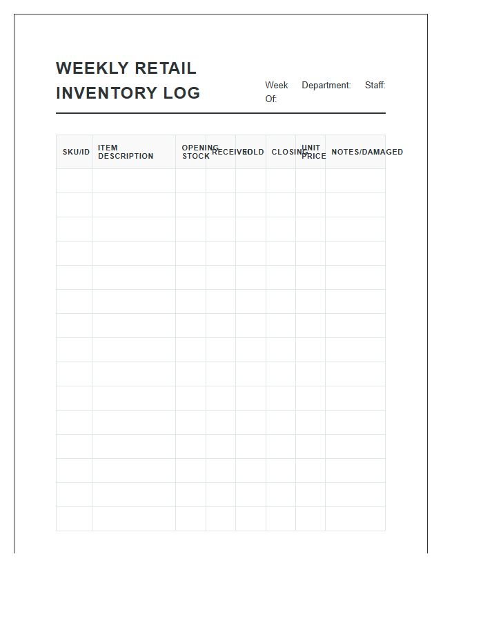 Weekly Retail Inventory Log Printable Chart