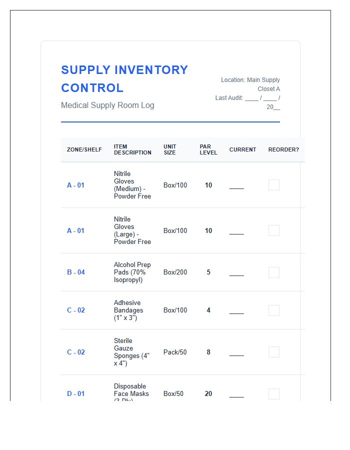 Clinic Medical Supply Room Organization Printable Chart