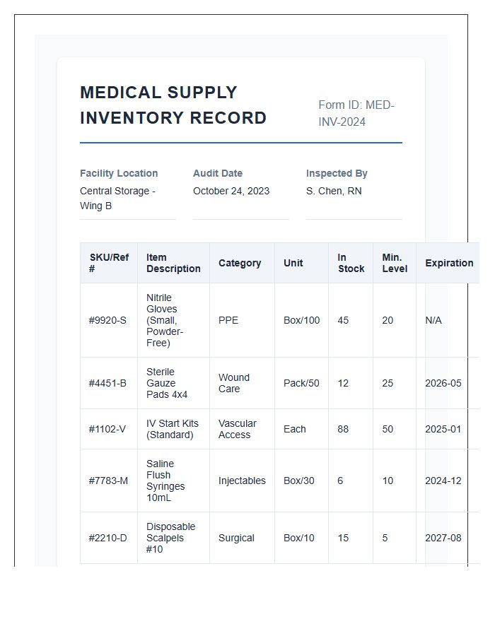 Detailed Medical Supply Room Inventory Record Chart