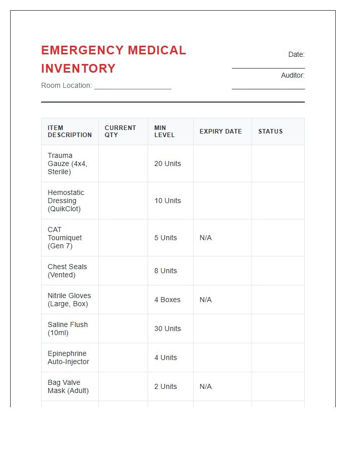 Emergency Medical Supply Room Inventory Printable Chart