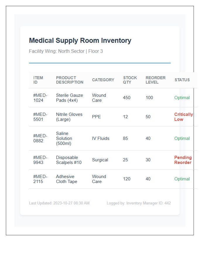 Healthcare Facility Medical Supply Room Inventory Chart