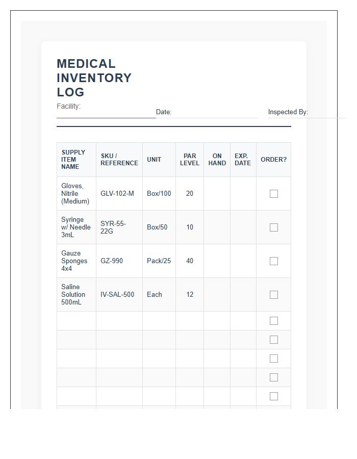 Medical Supply Room Inventory Tracking Printable Chart