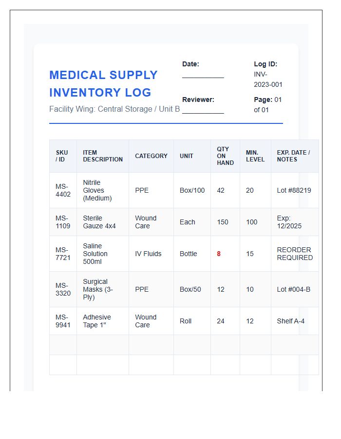 Professional Medical Supply Room Inventory Log Chart