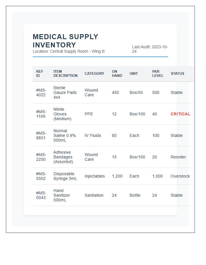 Standard Medical Supply Room Stock Inventory Chart