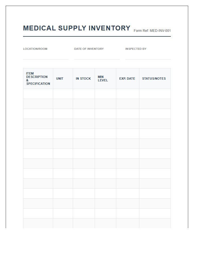 Universal Medical Supply Room Inventory Printable Chart
