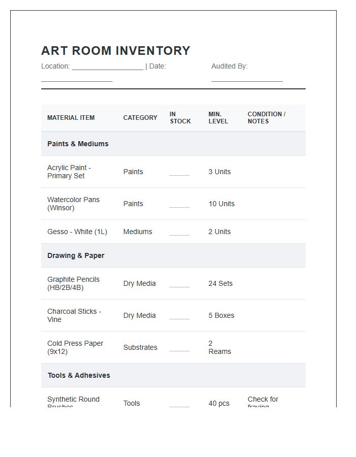 Art Room Craft Material Storage Inventory Printable Chart