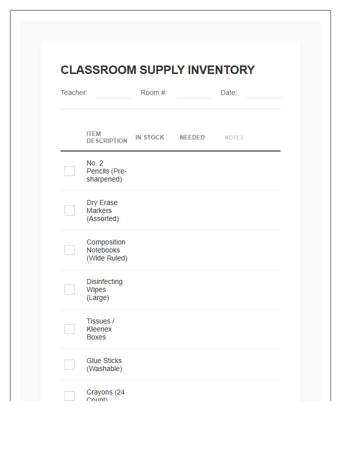 Back To School Classroom Supply Inventory Printable Chart