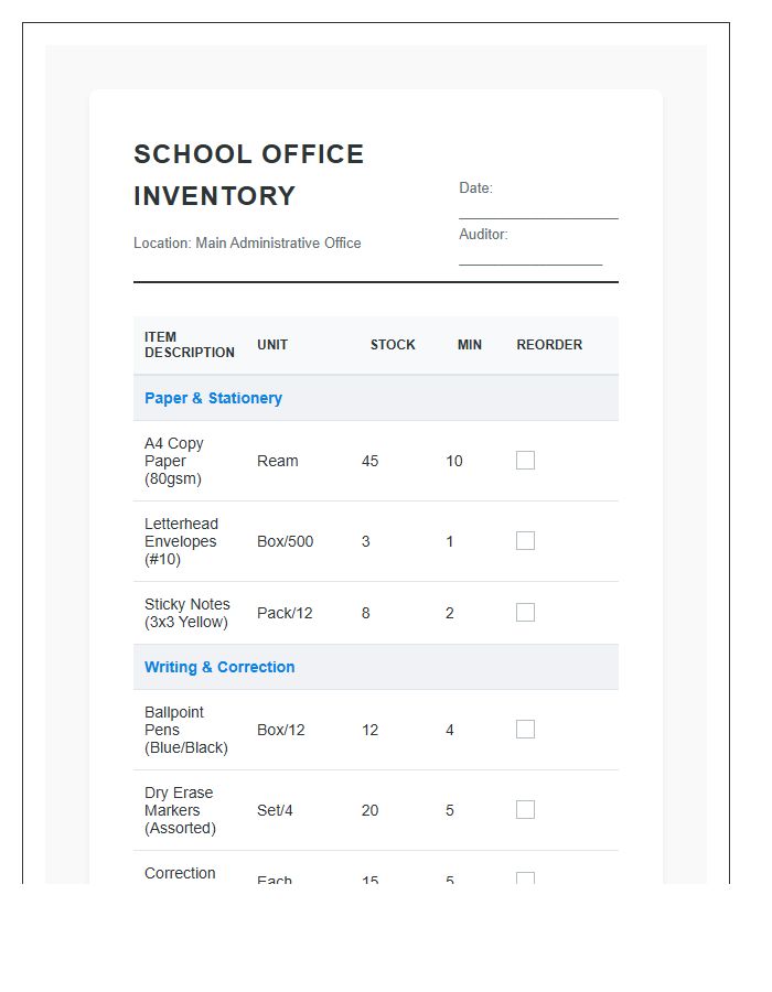 Detailed School Office Material Inventory Printable Chart