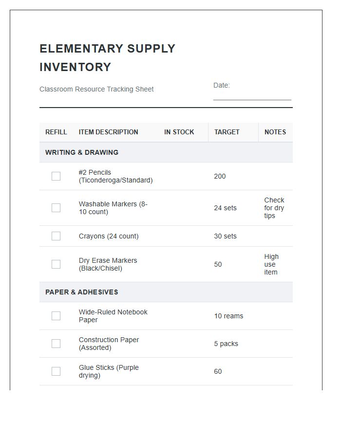 Elementary School Supply Stock Inventory Printable Chart