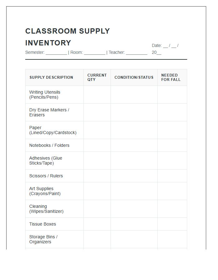 End Of Semester Classroom Supply Inventory Printable Chart