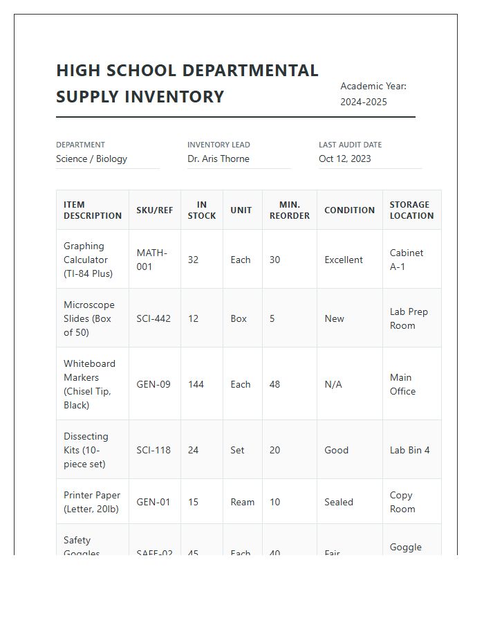 High School Departmental Supply Inventory Printable Chart